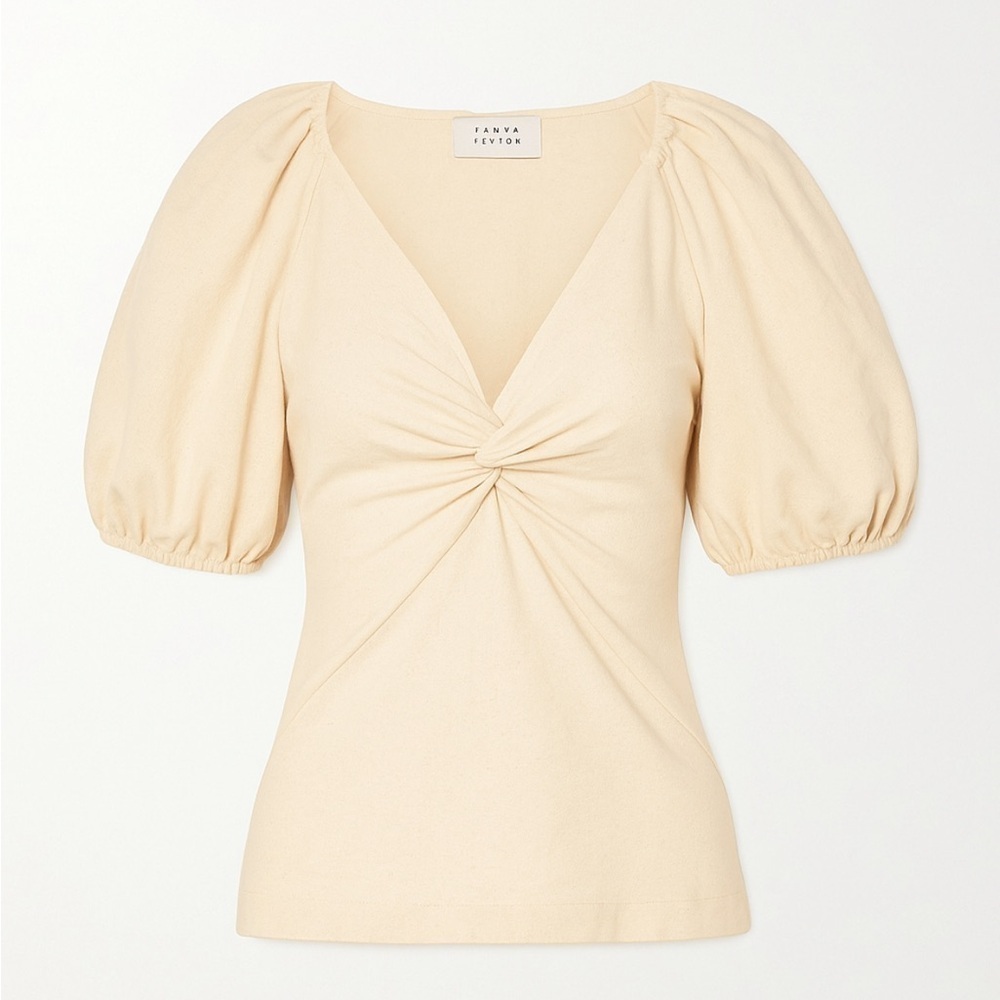 Tanya Taylor Romy twisted front puff sleeve vneck top